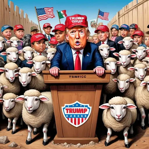 Prompt:  Garbage pail kids style, Donald Trump standing at lectern in border town dusty background high definition image of fence separating Mexico and America, American drug dealers load truck and a sheep herder moving herd who’s sheep are all wearing MAGA red caps garbage pail kids style