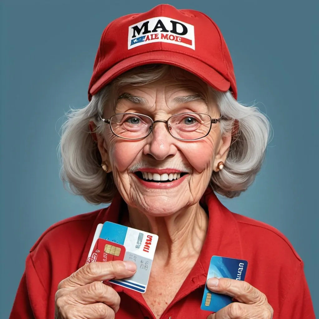 Prompt: Elderly, MAGA Mimi supporter , lite mustache, pimples, cigarette hanging out mouth and plain red cap, holding credit cards in both hands, sneaky smile on face in mad magazine style