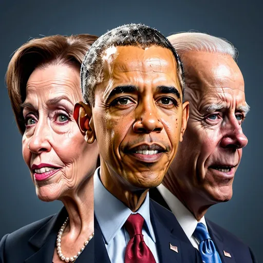 Prompt: Profile images, hyper real, high definition of Barack Obama, Joe Biden, and Speaker Nancy Pelosi in style of Mad Magazine 