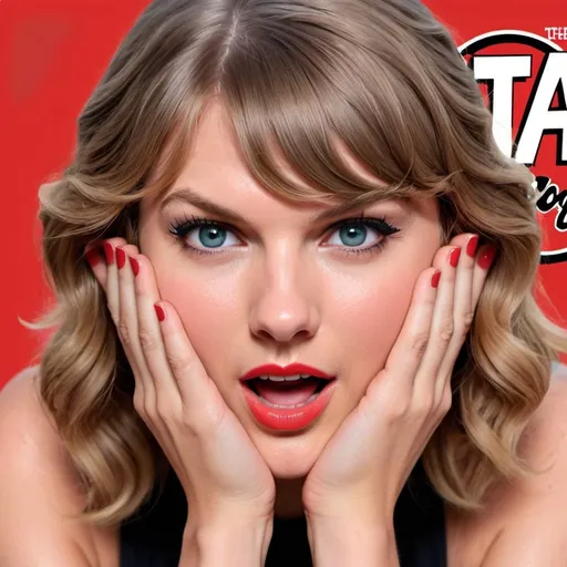 Prompt: Closeup Image of Taylor Swift, hand gesture surprise, eyes bright, slight smile, In Style of mad magazine
