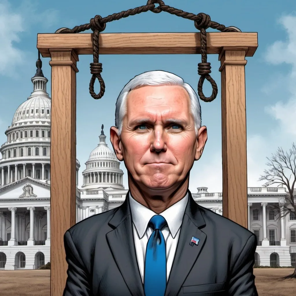 Prompt:  Epic full body image of Mike Pence, background of Capitol January 6, wooden gallows with noose, in style of mad magazine