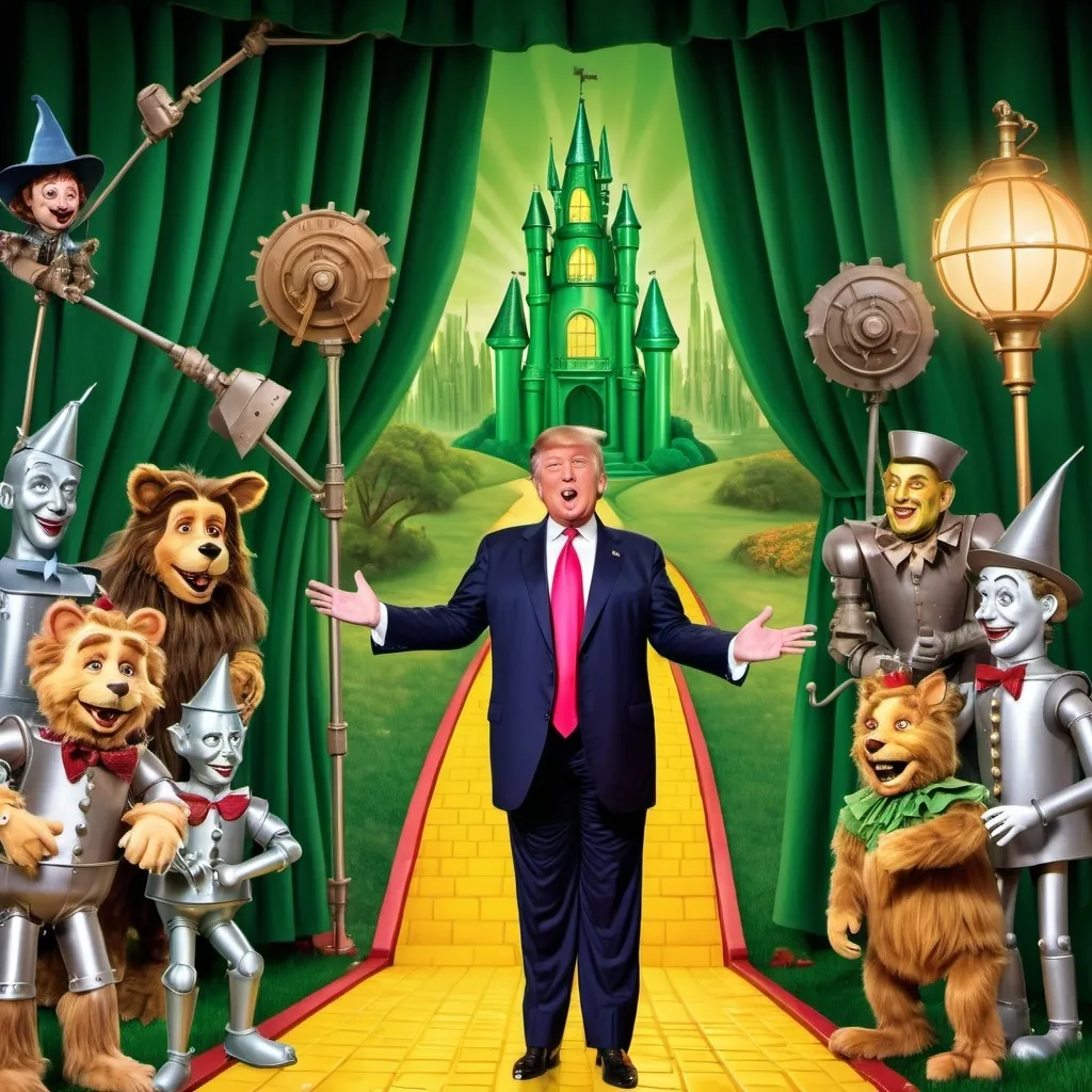 Prompt: Donald Trump as the voice behind the wizard of Oz on a ladder revealed behind royal green curtains and mechanical device with sprockets and lights in style of mad magazine and a host characters and cast behind him

