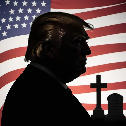 Prompt: A Silhouette of an overweight Donald Trump against a background of the American flag and stars and military headstones below