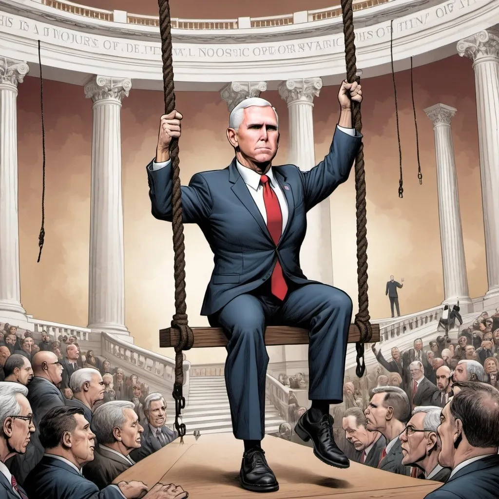 Prompt:  Epic full body image of Mike Pence, background of Capitol January 6, wooden gallows with noose, in style of mad magazine