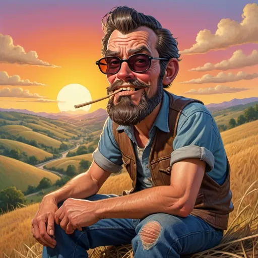 Prompt: Hillbilly, dark hair, sunglasses, light beard, sitting on hillside with straw in mouth at sunset in style of mad magazine