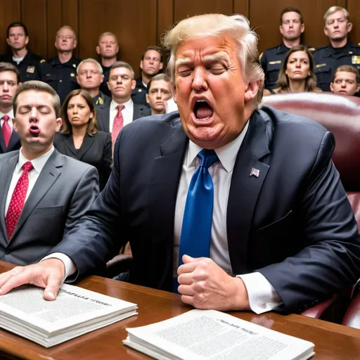 Prompt: Trump, sleeping in court, mouth open, drooling, laid back in chair, a foul stench causes people around him to gasp air, choking, holding their noses in style of mad magazine