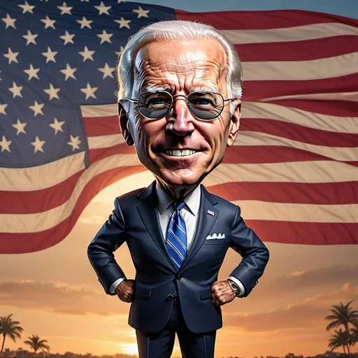 Prompt: Full body epic image of a confident Joe biden dark aviator glasses with a large american flag waving in background  at sundown mad magazine style