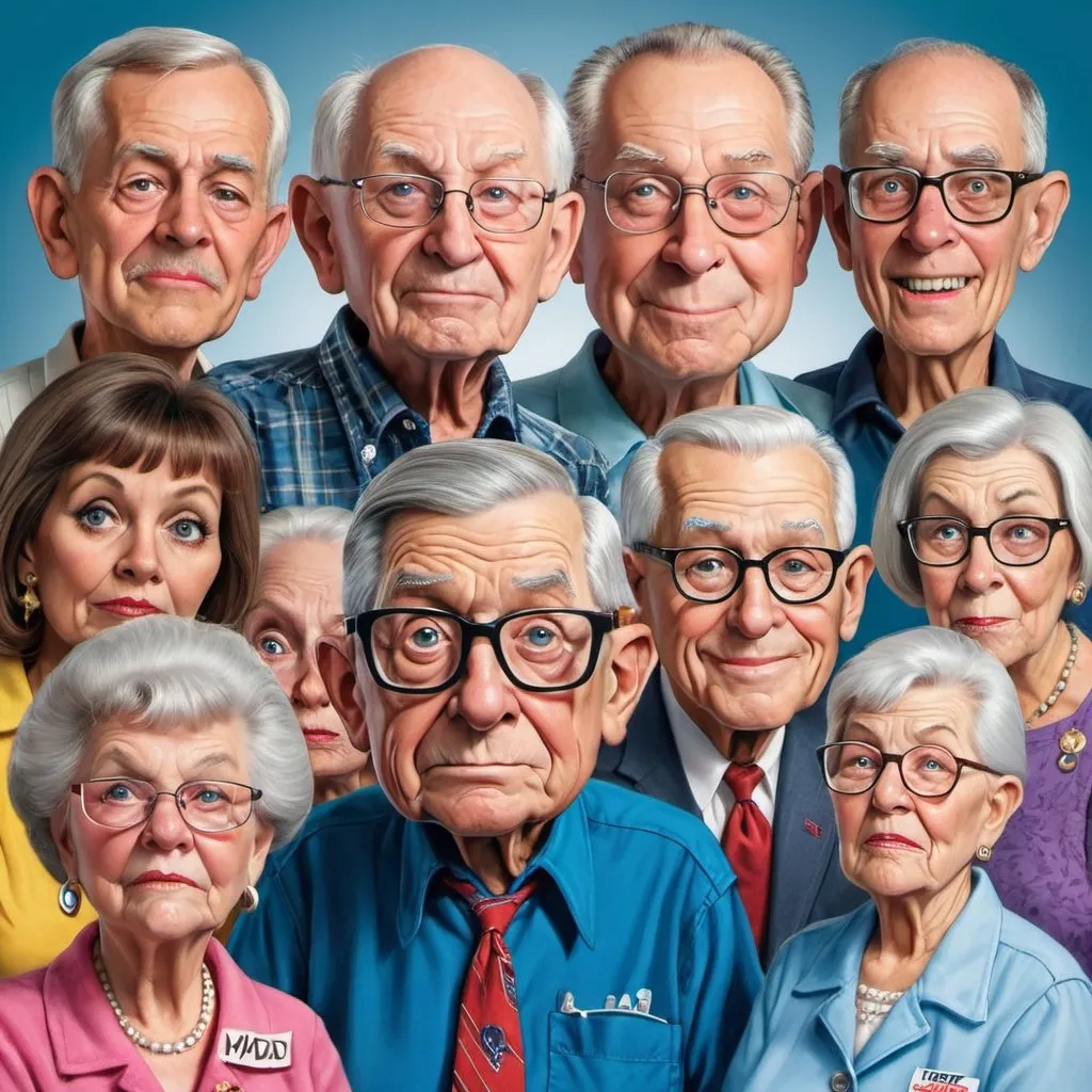 Prompt: a variety of senior citizens upset social security, Medicaid, and Medicare revoked  In Style of mad magazine
