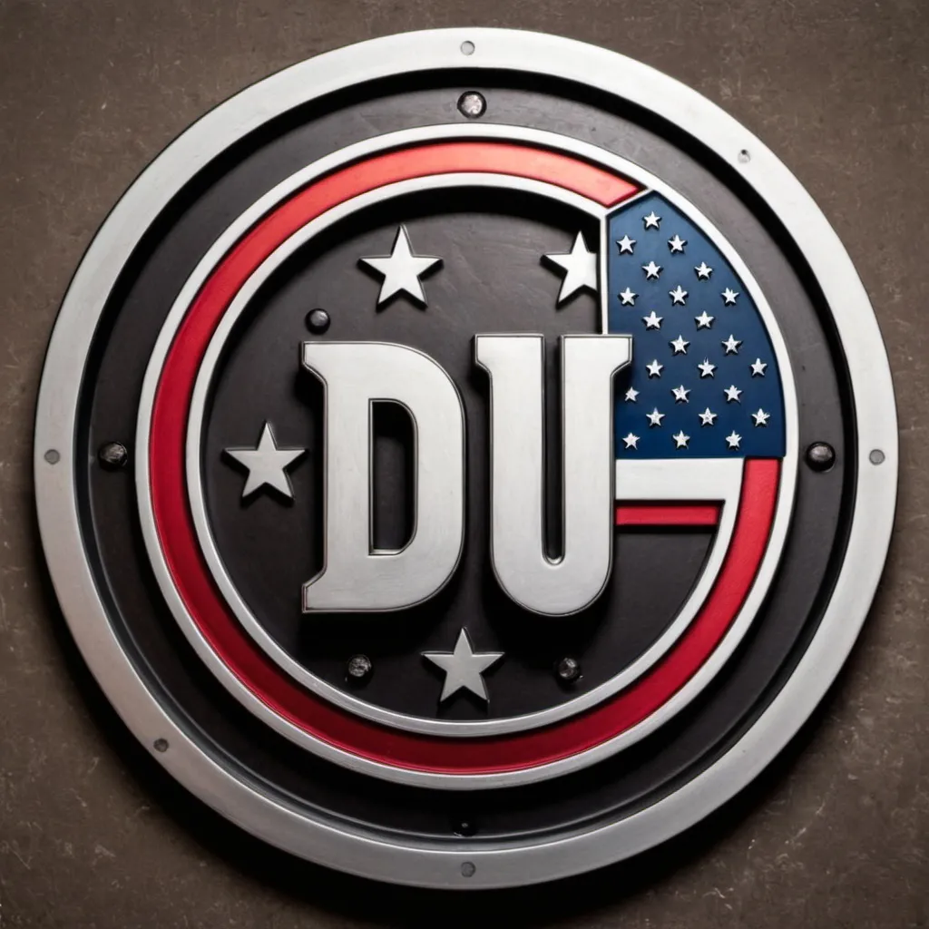 Prompt: Metalworks logo circular with raised American flag BACKGROUND letters DU LOGO
