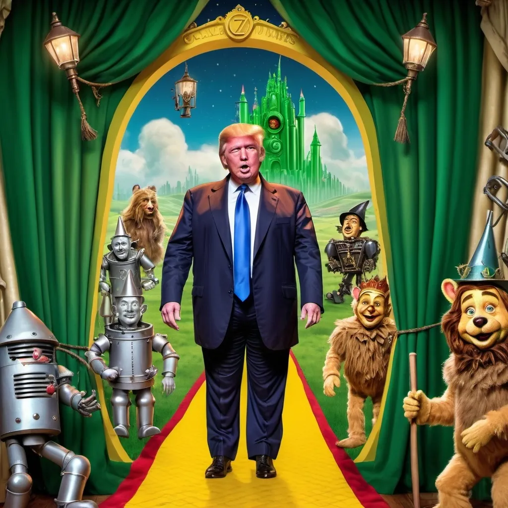 Prompt: Donald Trump as the voice behind the wizard of Oz on a ladder revealed behind royal green curtains and mechanical device with sprockets and lights in style of mad magazine and a host characters and cast behind him

