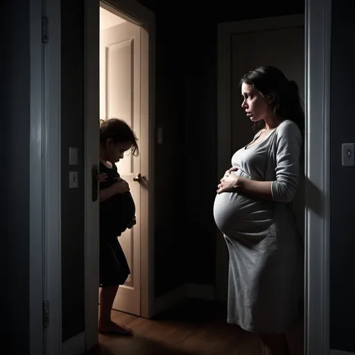 Prompt: Dramatic image, hyper real, black, young pregnant  mother, appearing afraid, scared, tears, in dark room, light shining under door, 