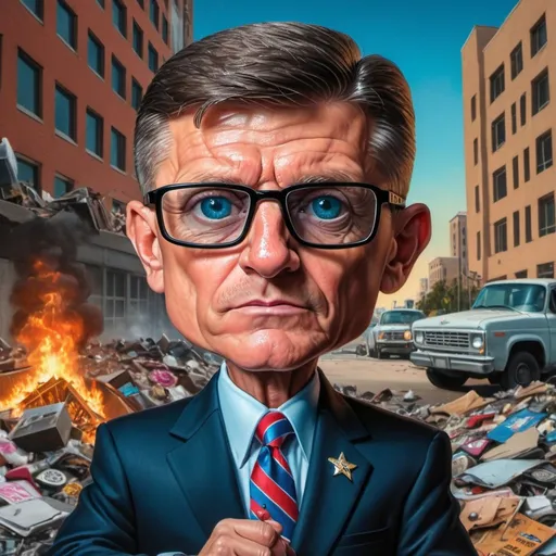 Prompt: Hyper real image of LTG Michael Flynn, eye glasses, russian FSB Building as background, at sundown, in garbage pail kids Style
