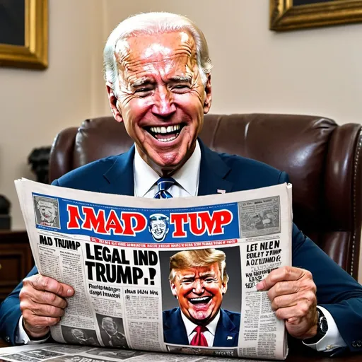 Prompt: Joe Biden laughing at newspaper article about Donald Trump legal problems in style of mad magazine
