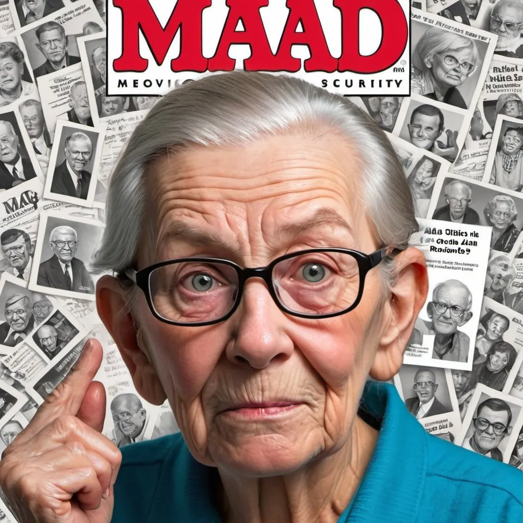 Prompt: a variety of senior citizens upset social security, Medicaid, and Medicare revoked  In Style of mad magazine
