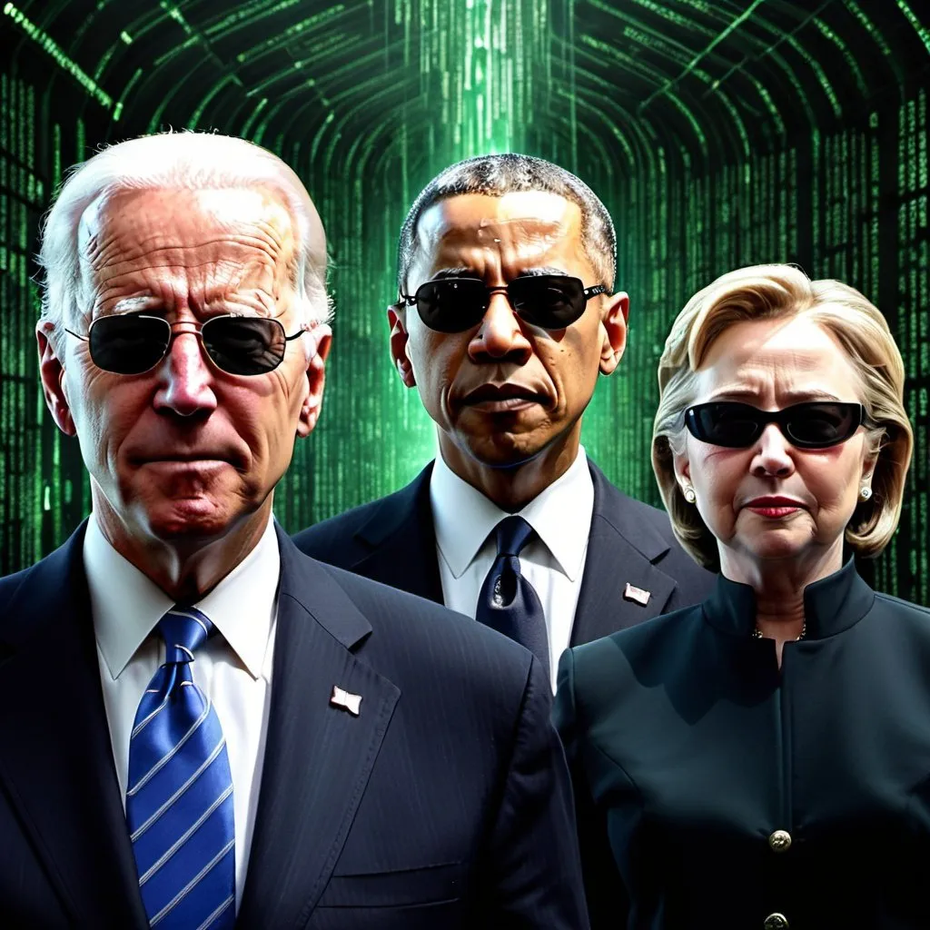 Prompt: High definition image of Joe Biden as Neo, Barack Obama as Morpheus, Hillary Clinton as trinity, bill Clinton as agent smith in the matrix style