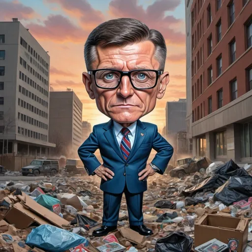 Prompt: Hyper real image, full body, of LTG Michael Flynn, eye glasses, russian FSB Building as background, at sundown, in garbage pail kids Style
