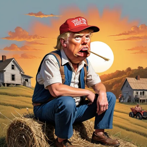 Prompt: Hillbilly, Trump, sitting on hillside with straw in mouth at sunset in style of mad magazine