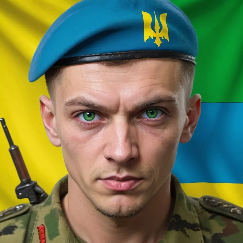 Prompt: Ukrainian Soldier in style of mad magazine, closeup locking in on piercing green eyes, ukraine flag colors in background