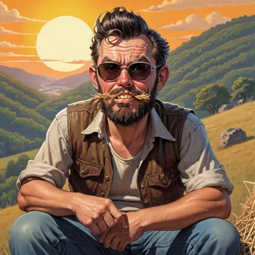 Prompt: Hillbilly, dark hair, sunglasses, light beard, sitting on hillside with straw in mouth at sunset in style of mad magazine