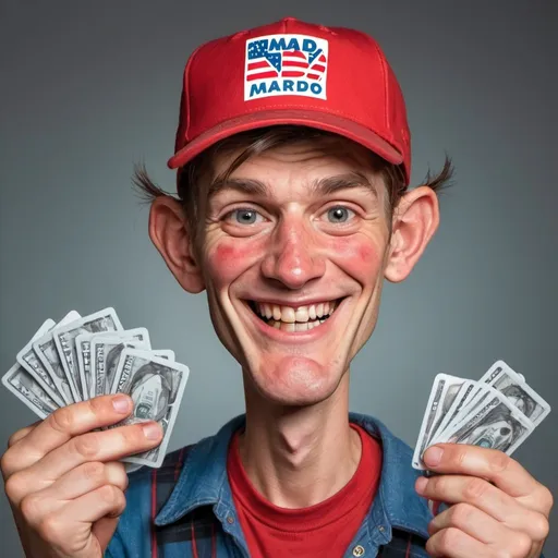 Prompt: slender hillbilly, MAGA supporter , pimples, and plain red cap, hold credit cards in both hands, sneaky smile on face in mad magazine style
