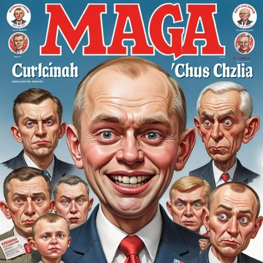 Prompt: MAGA cult propaganda effort with Russian overtones Slavic format in style of mad magazine