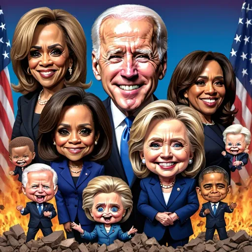 Prompt: President Biden, Kamala Harris, Hillary Clinton, Bill Clinton, Michelle and Barack Obama, and Jill Biden as dark Brandon garbage pail kids style