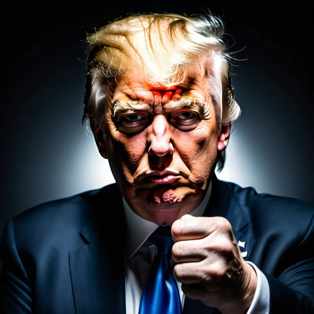 Prompt: Donald Trump, disheveled hair, bruises on face bandage over eye, holding one finger up, cinematic vision with spotlight shadow, swearing, in style of mad magazine