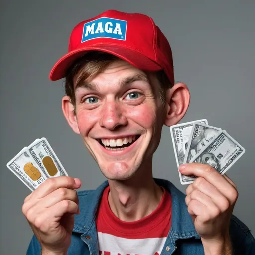 Prompt: slender hillbilly, MAGA supporter , pimples, and plain red cap, hold credit cards in both hands, sneaky smile on face in mad magazine style