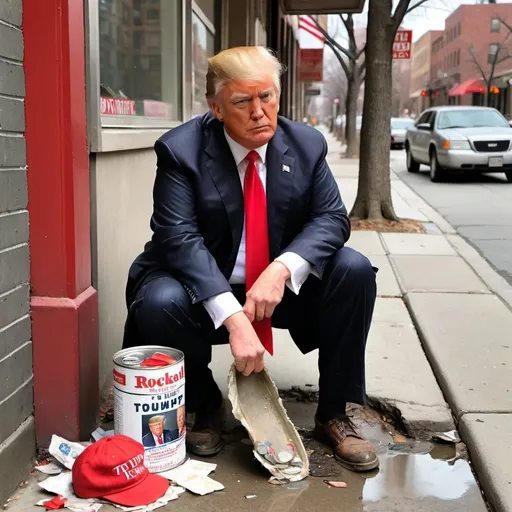 Prompt: Donald Trump, Dirty, hair messy, clothes dirty torn, dingy red Maga hat, sitting on sidewalk, tin can for money, change insole of Norman Rockwell