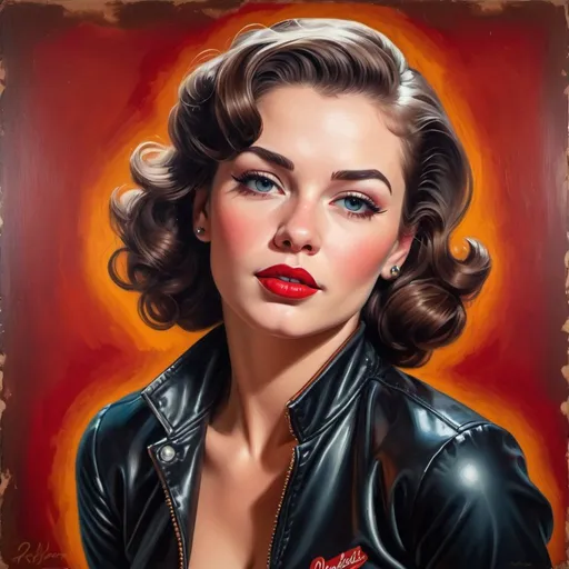 Prompt: Pin-up portrait in leather jumpsuit, classic oil painting, vibrant and retro colors, vintage hairstyle, red lipstick, detailed facial features, traditional art technique, high quality, classic, vibrant colors, traditional style, detailed brushwork, professional lighting