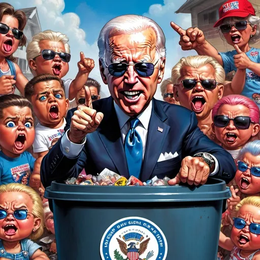 Prompt: Joe Biden, dark shades, pointing finger at MAGA people in garbage pail kids style