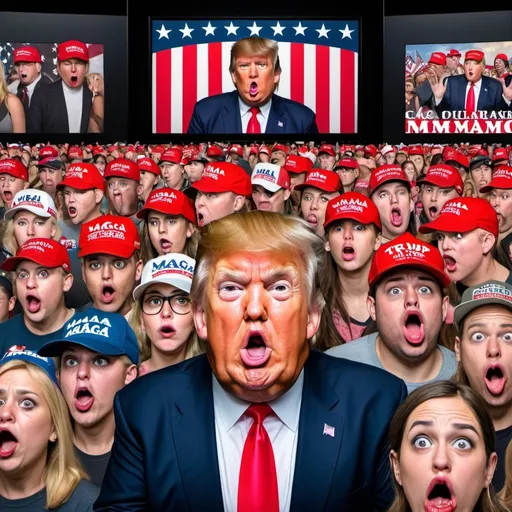 Prompt: agitated trump rally goers, wearing maga hats, large widescreen video screen in background on left, in style of mad magazine