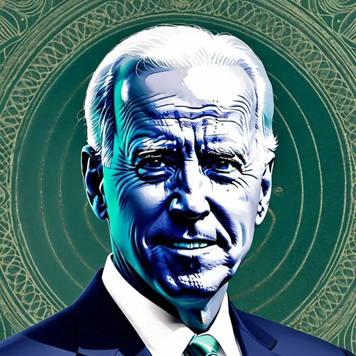 Prompt: confident closeup image of Joe Biden, green and blue Guilloche passport texture, in style of engravers and printing