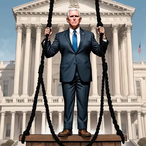 Prompt:  Epic full body image of Mike Pence, background of Capitol January 6, wooden gallows with noose, in style of mad magazine