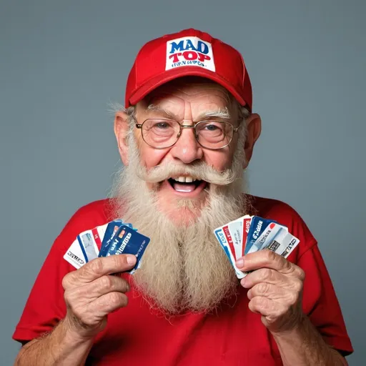 Prompt: Elderly, MAGA grandpa supporter , zz top beard, mustache, pimples, cigarette hanging out mouth and plain red cap, holding credit cards in both hands, sneaky smile on face in mad magazine style