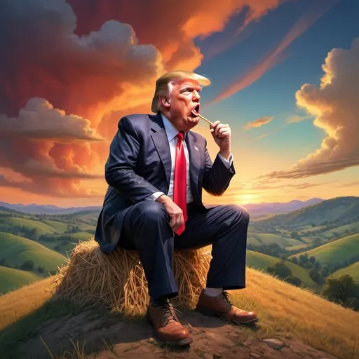 Prompt: Hillbilly, Trump, sitting on hillside with straw in mouth at sunset in style of mad magazine