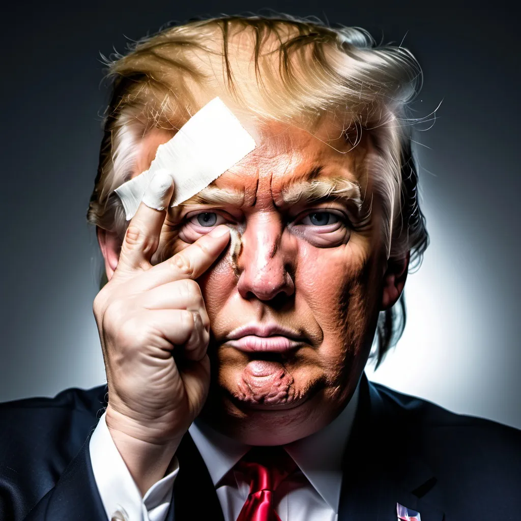 Prompt: Donald Trump, disheveled hair, black bruising on eye, bruises on face, bandage over eye, holding one finger up, cinematic vision with spotlight shadow, swearing, in style of mad magazine