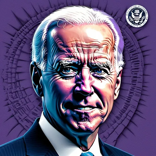 Prompt: confident closeup image of Joe Biden, purple and blue Guilloche passport texture, in style of engravers and printing