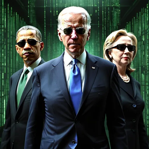 Prompt: High definition image of Joe Biden as Neo, Barack Obama as Morpheus, Hillary Clinton as trinity, bill Clinton as agent smith in the matrix style