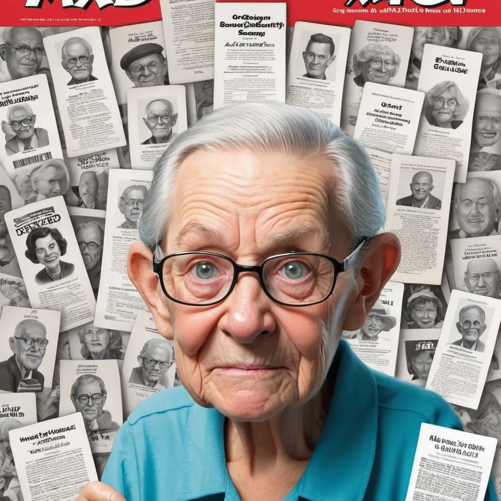 Prompt: a variety of senior citizens upset social security, Medicaid, and Medicare revoked  In Style of mad magazine
