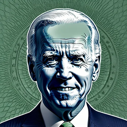 Prompt: confident closeup image of Joe Biden, green and blue Guilloche passport texture, in style of engravers and printing