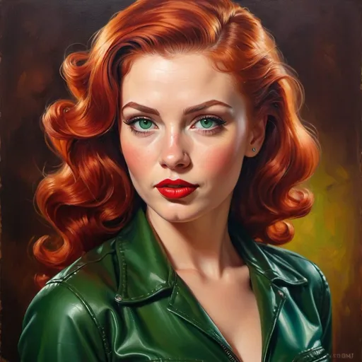 Prompt: Pin-up portrait in leather jumpsuit, classic oil painting, vibrant and retro colors, vintage redhead hairstyle, Green eyes, red lipstick, detailed facial features, traditional art technique, high quality, classic, vibrant colors, traditional style, detailed brushwork, professional lighting