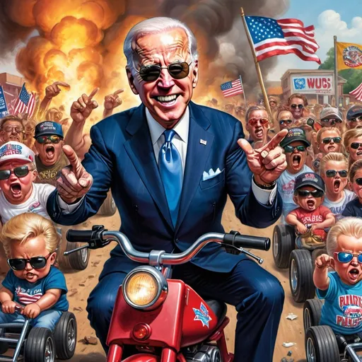 Prompt: Joe Biden, dark shades, pointing finger at MAGA people on big wheels in garbage pail kids style