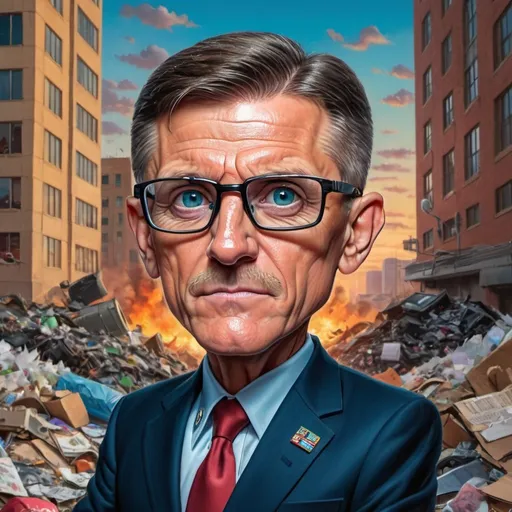 Prompt: Hyper real image of LTG Michael Flynn, eye glasses, russian FSB Building as background, at sundown, in garbage pail kids Style
