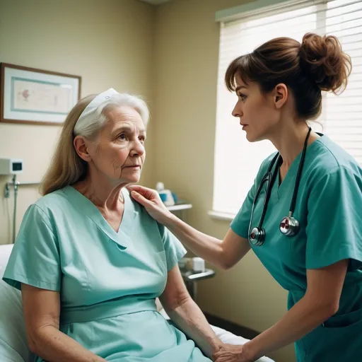 Prompt: A Gen-X nurse helping an older patient, in the style of dreamlike scenes, in the style of tenebrism-inspired, highlighting acts of care and kindness, Color Grading, Dashcam-Footage, Editorial Photography, Filmic, Film Grain, Photoshoot, Kodak Portra, Shot on 70mm, F/2.8, Megapixel, Natural Lighting