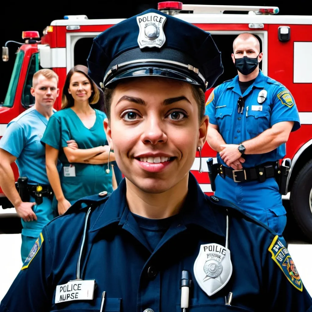 Prompt: a MODERN diverse group photo a nurse, an educator, EMS WORKER, firemen, AND a police officer in the style of Mad Magazine