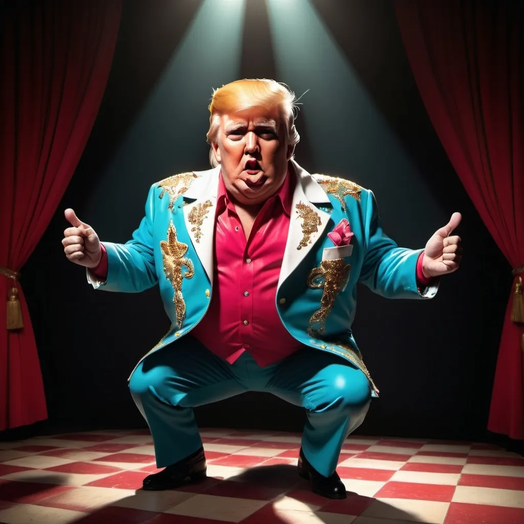 Prompt: Donald Trump as Fat Elvis, cinematic vision with spotlight shadow, swearing, in style of mad magazine