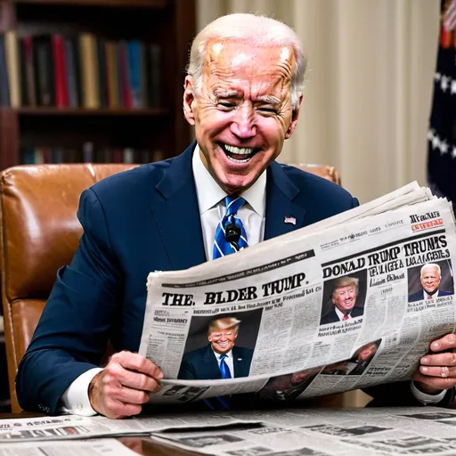 Prompt: Joe Biden laughing at newspaper article about Donald Trump legal problems
