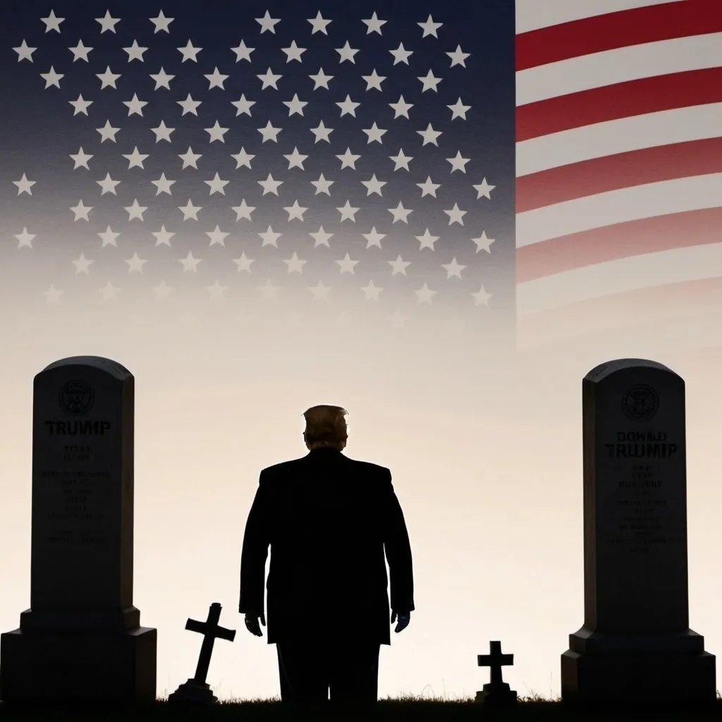 Prompt: A Silhouette of an overweight Donald Trump against a background of the American flag and stars and military headstones below