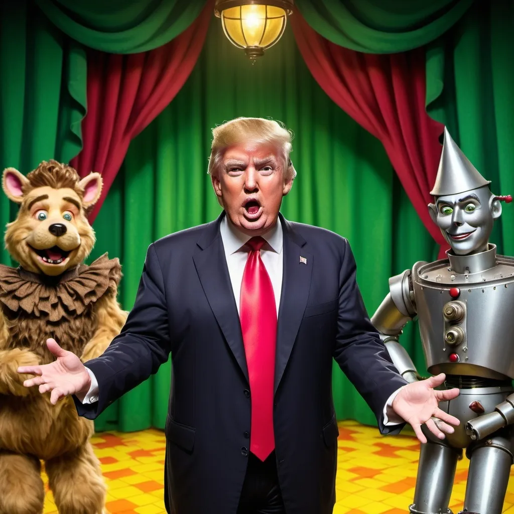 Prompt: Donald Trump as the voice behind the wizard of Oz revealed behind royal green curtains and mechanical device with sprockets and lights in style of mad magazine and a host characters and cast behind him

